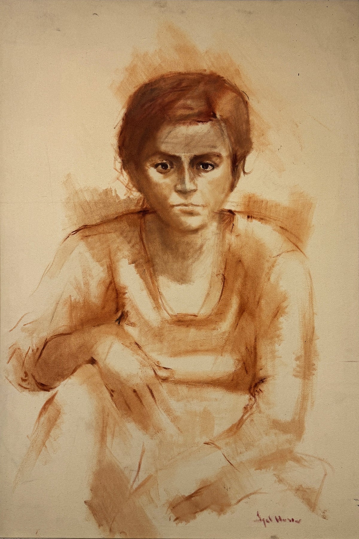 Iqbal Hussain Sepia Woman Portrait Oil Canvas 24x36 inches