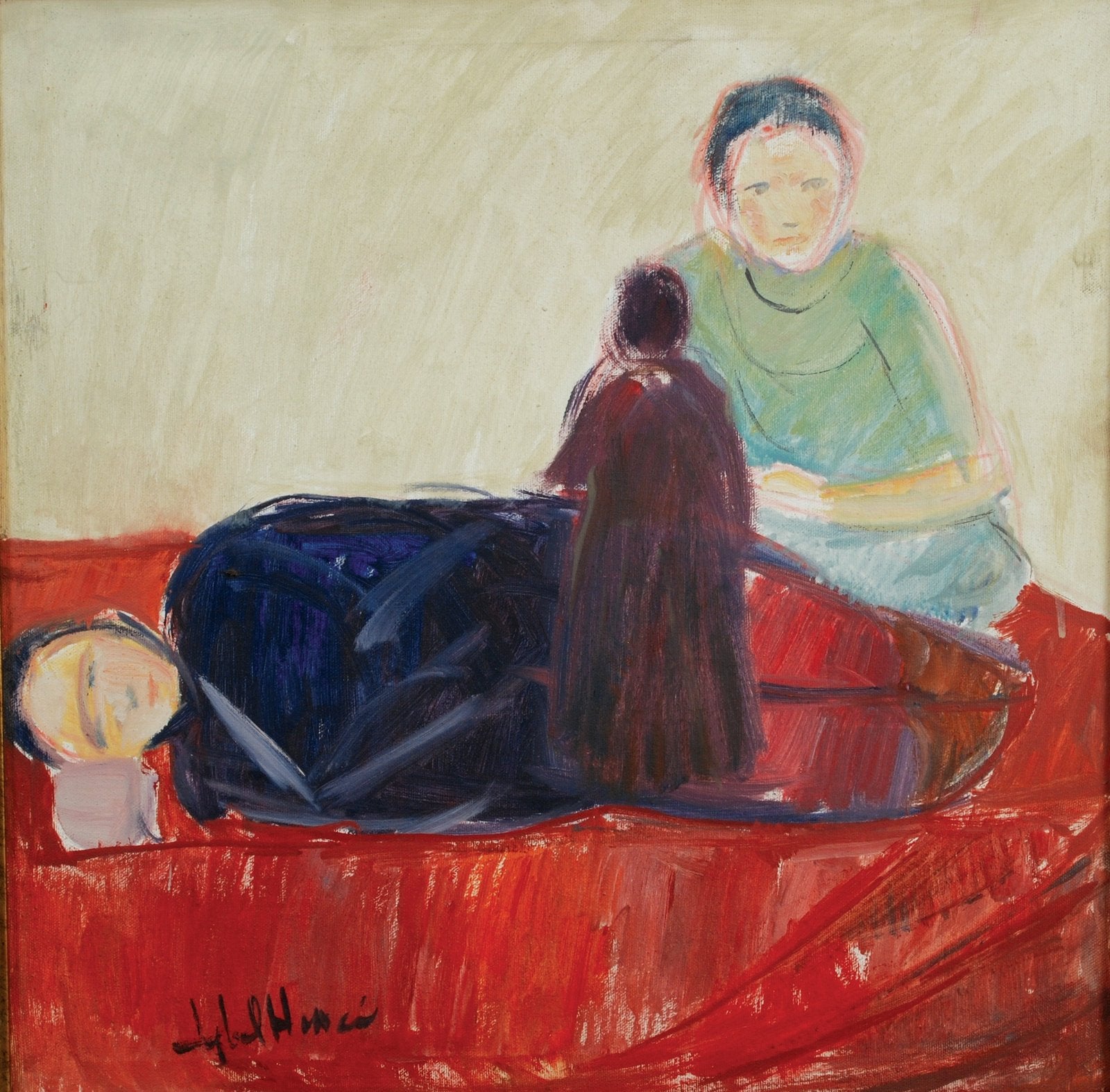 Iqbal Hussain Three Figures Red Bed Oil Canvas 16x18 inches