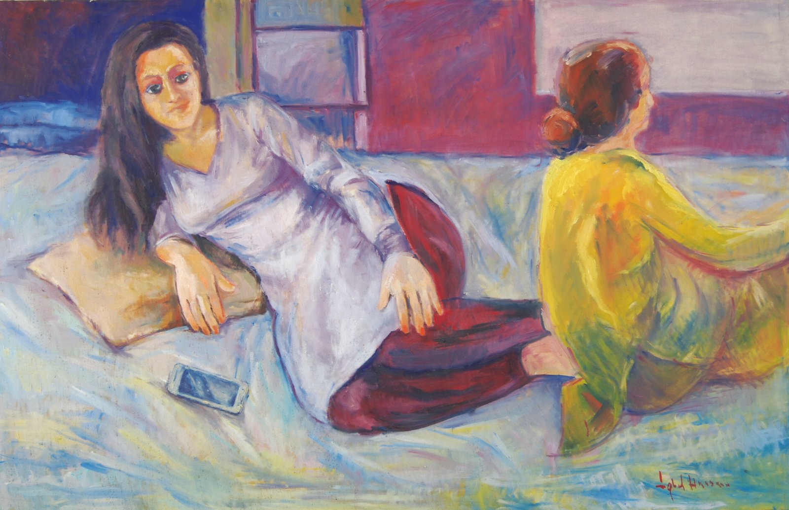 Iqbal Hussain Two Women Interior Scene Oil Canvas 40x60 inches