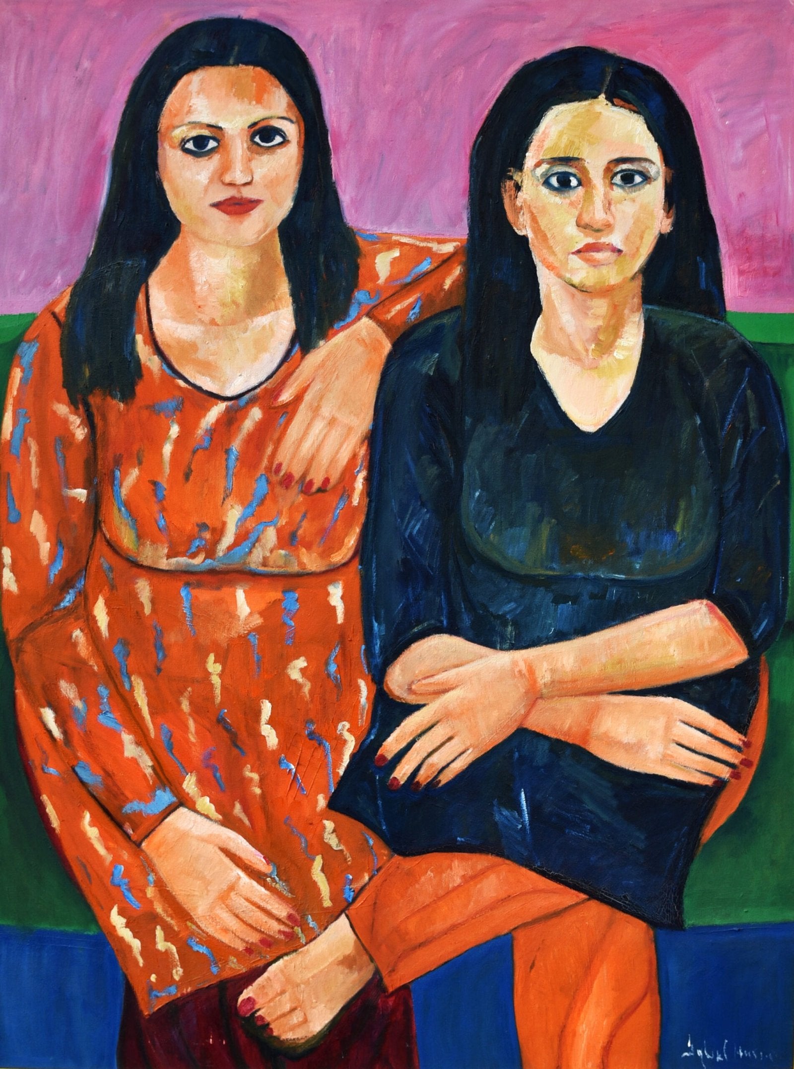 Iqbal Hussain Two Women Portrait Oil Canvas 36x48 inches