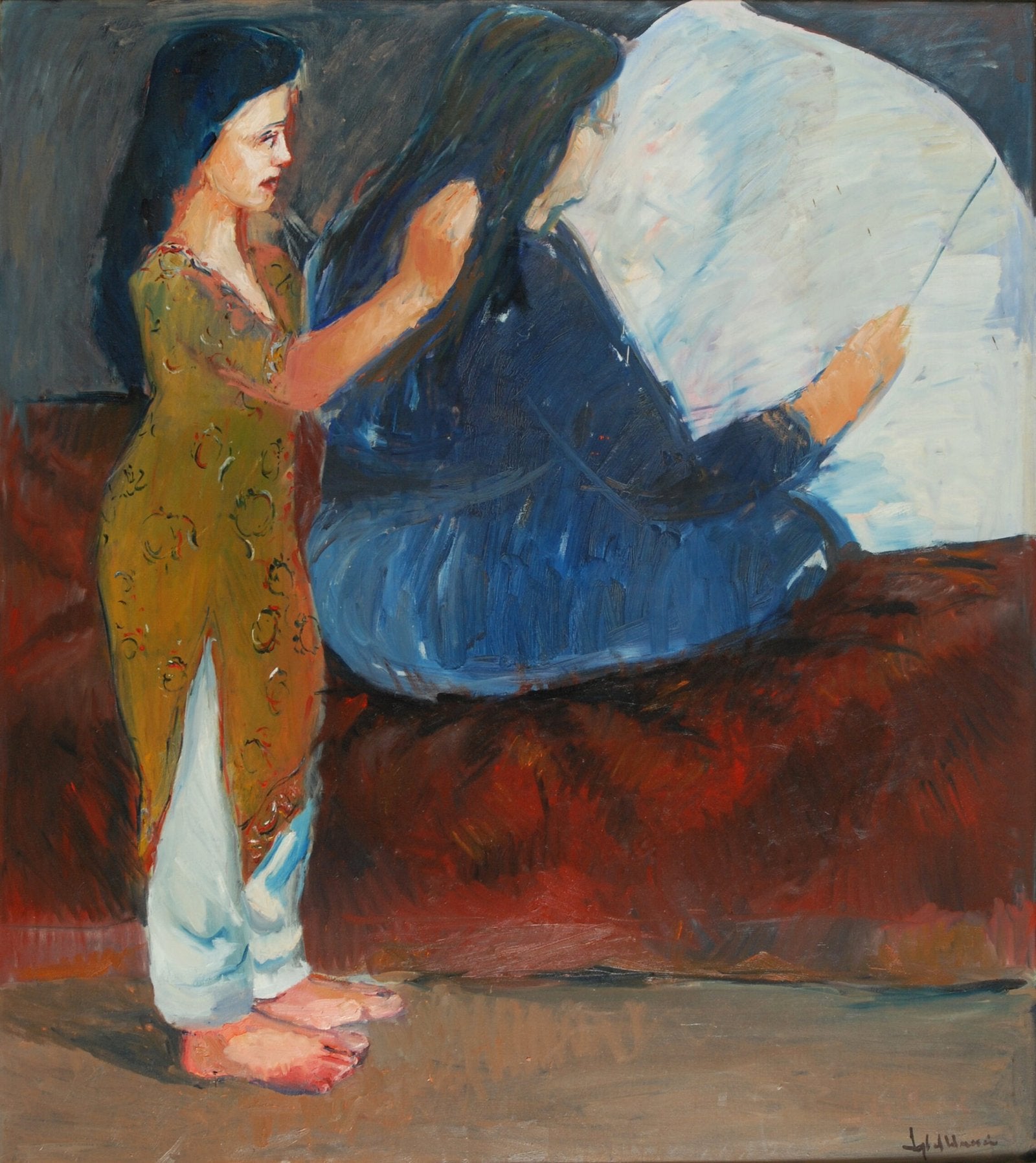 Iqbal Hussain Woman Combing Hair Oil Canvas 52x60 inches