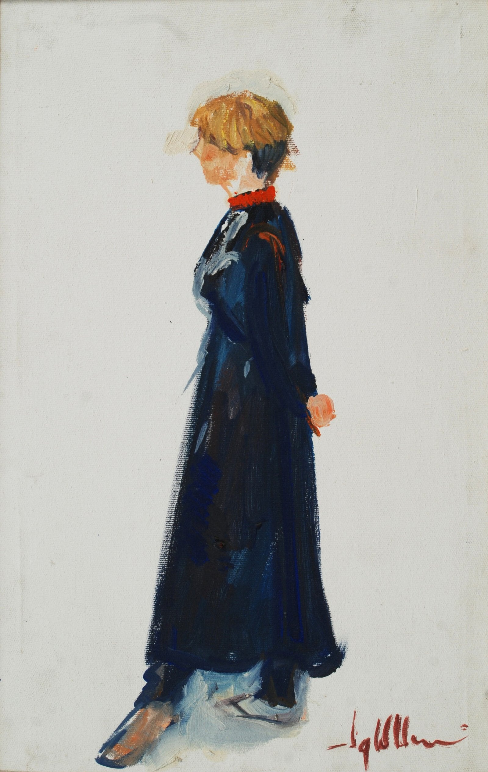 Iqbal Hussain Woman Dark Coat Side Profile Oil Canvas 11x17 inches
