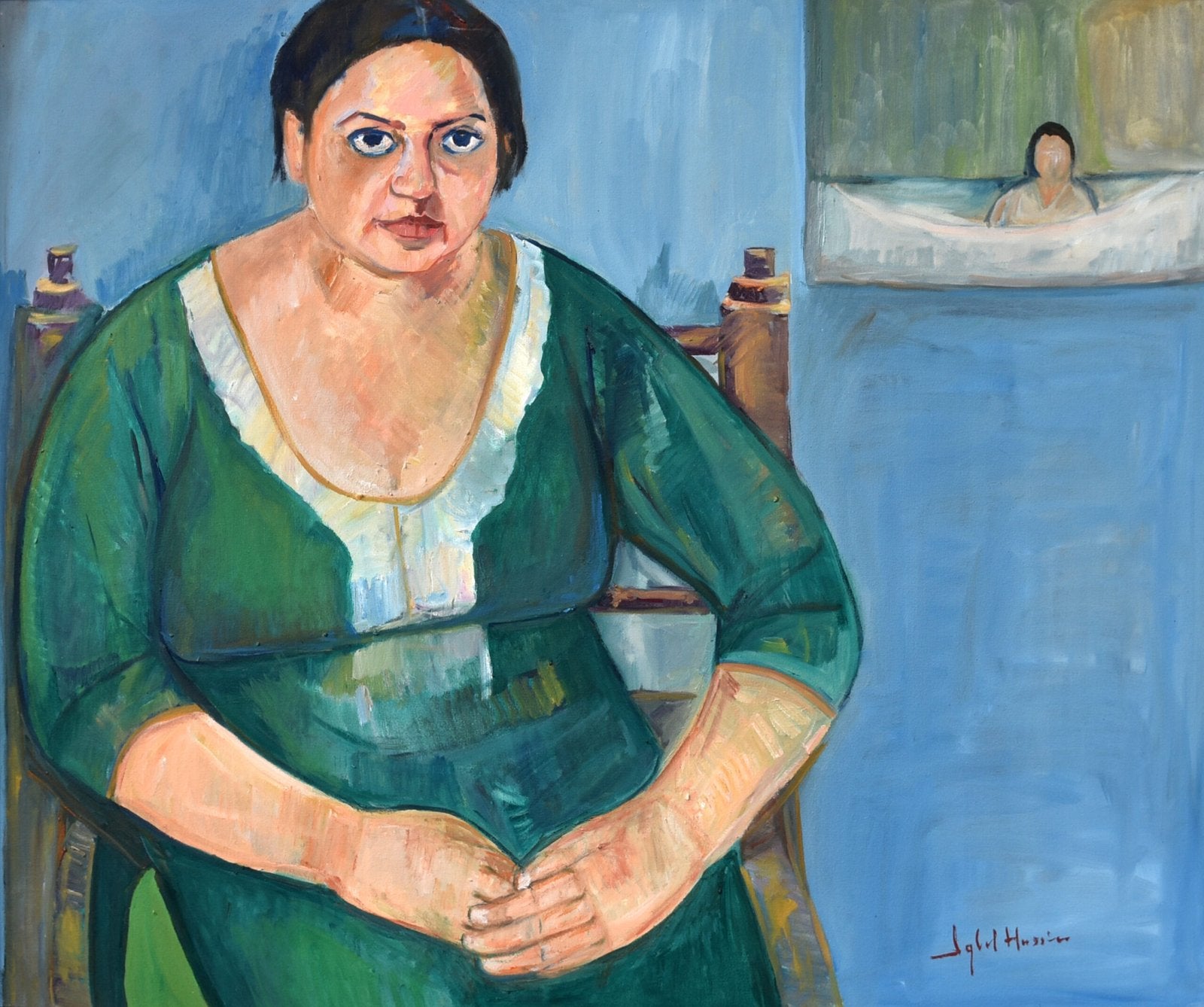 Iqbal Hussain Woman in Green Portrait Oil Canvas 30x36 inches