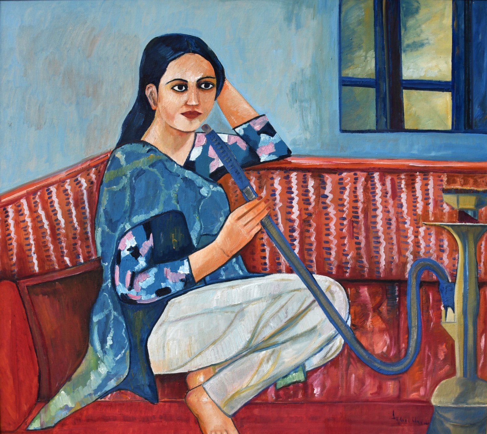 Iqbal Hussain Woman Hookah Red Sofa Oil Canvas 48x54 inches