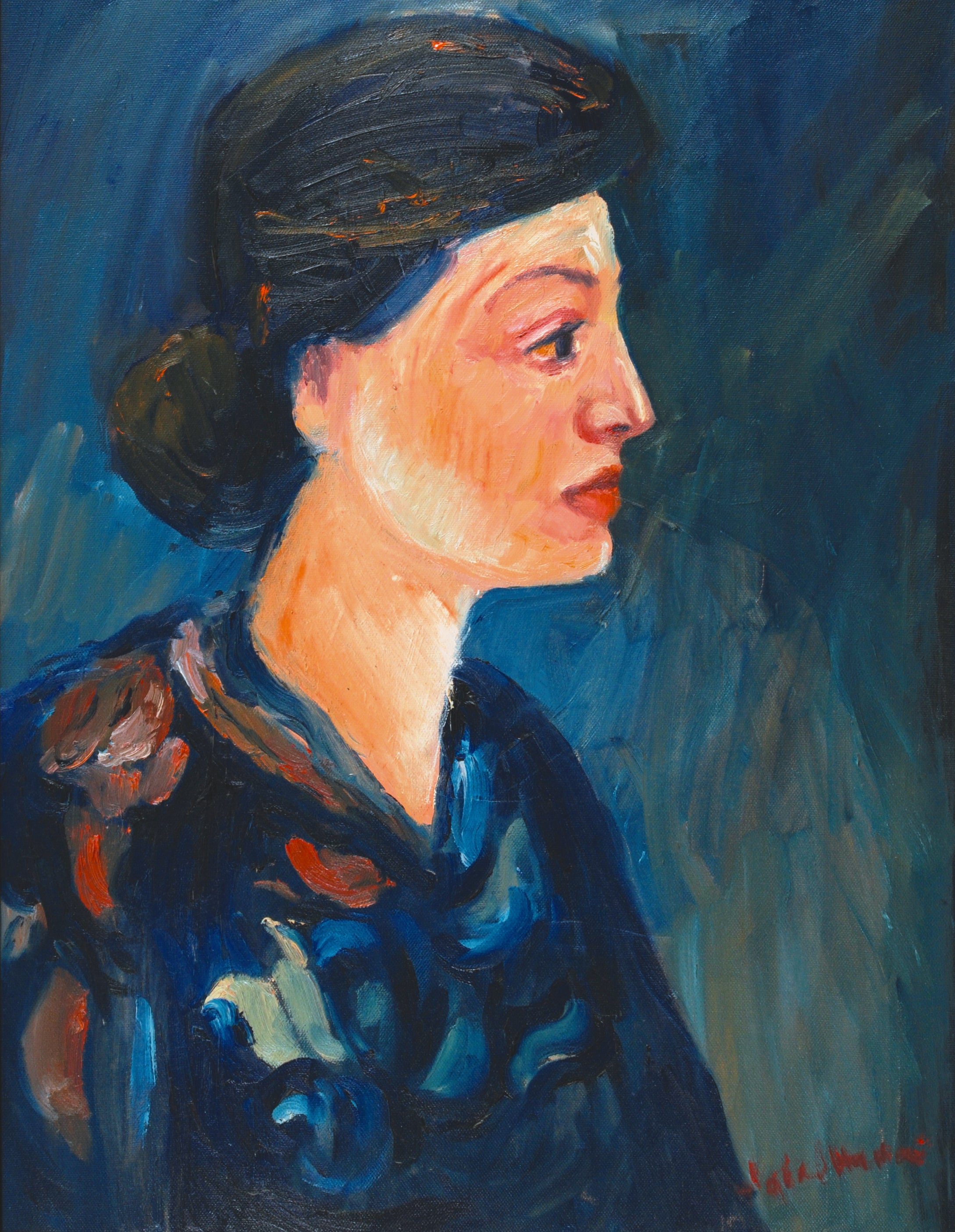 Iqbal Hussain Woman in Blue Oil Portrait 24x30 inches