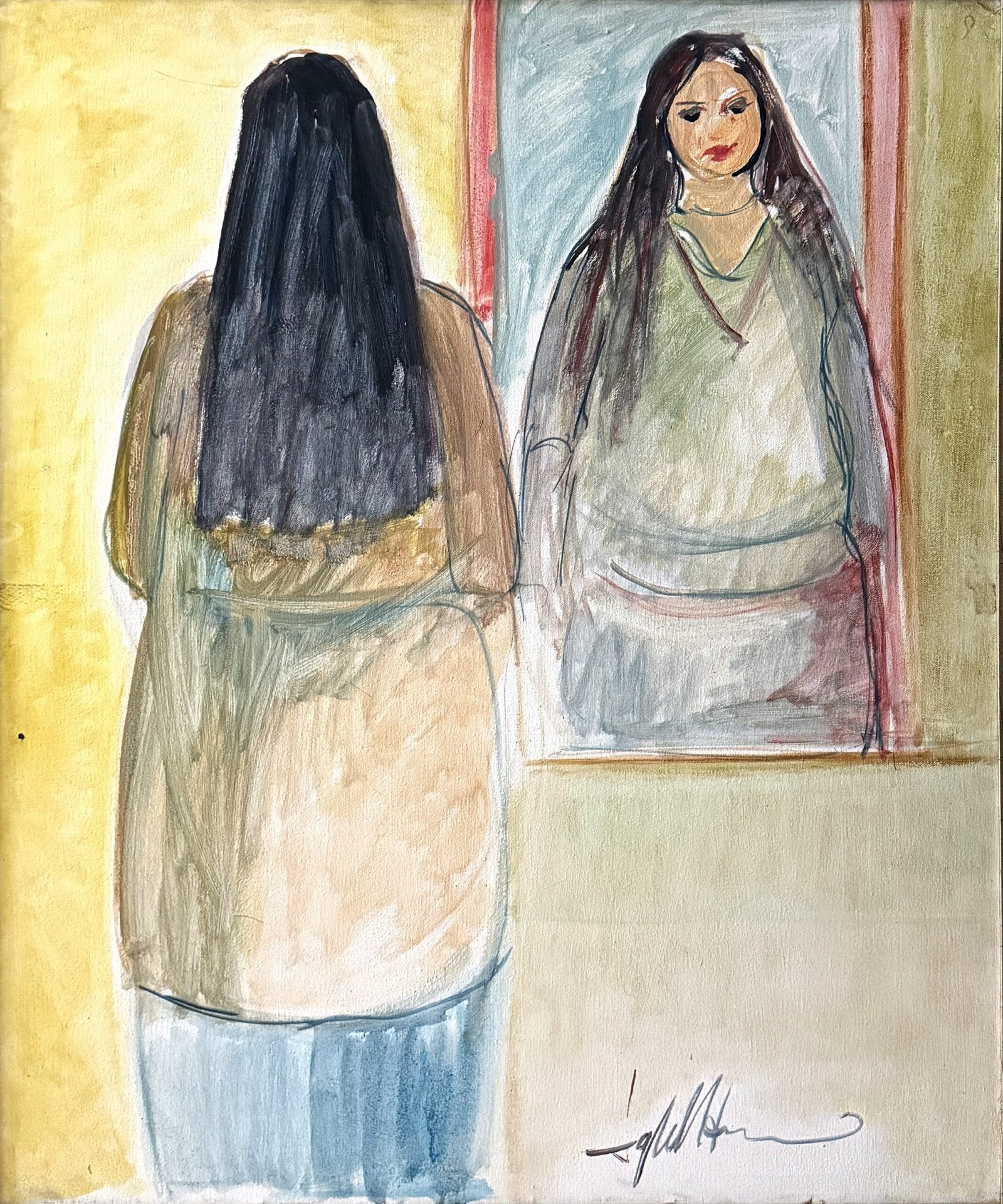 Iqbal Hussain Woman Mirror Reflection Oil Canvas 30x36 inches