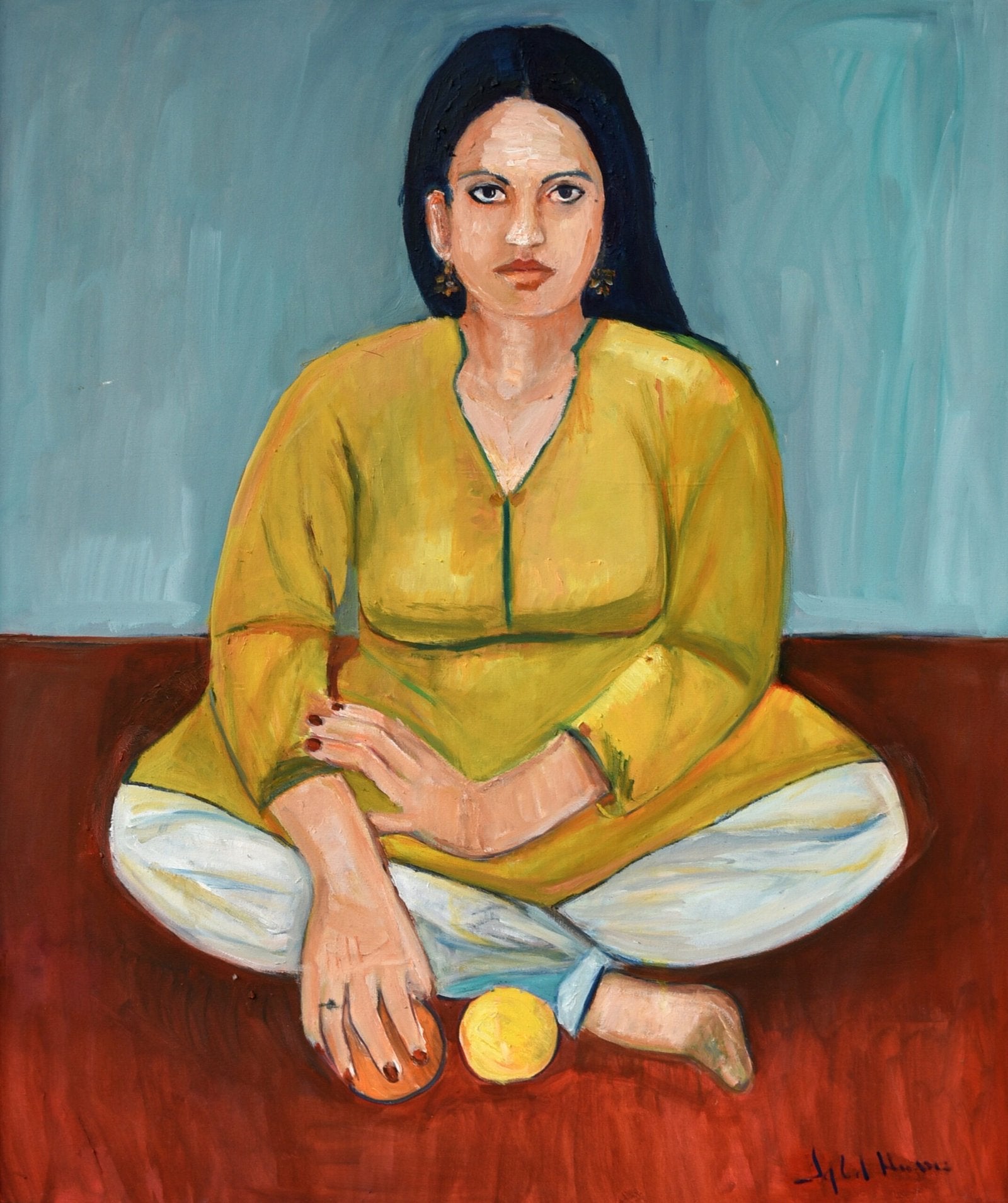Iqbal Hussain Woman Mustard Kurta Floor Oil Canvas 30x36 inches