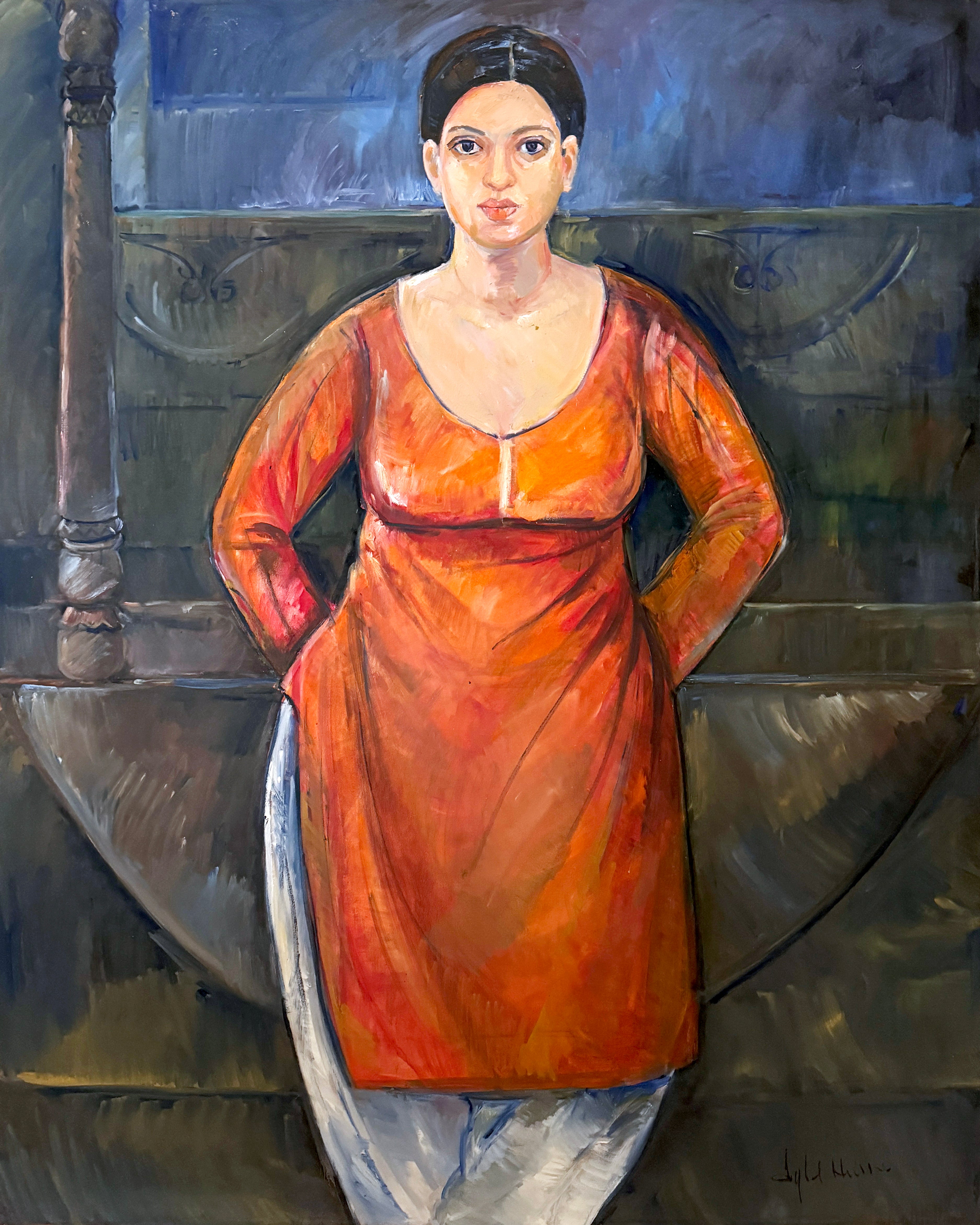 Iqbal Hussain Woman in Orange Attire Oil Canvas 48x60 inches