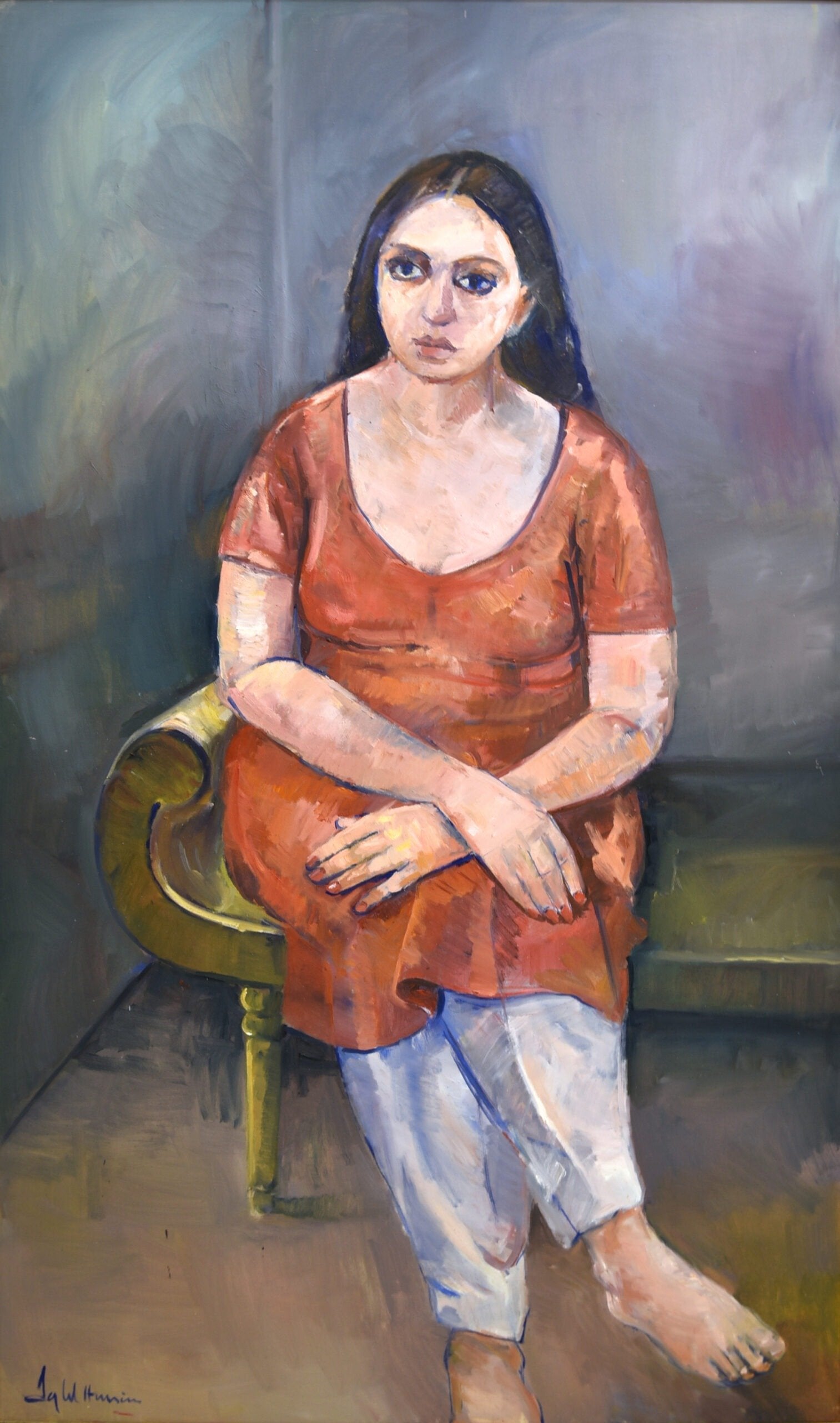 Iqbal Hussain Woman Rust Dress Chair Oil Canvas 36x60 inches