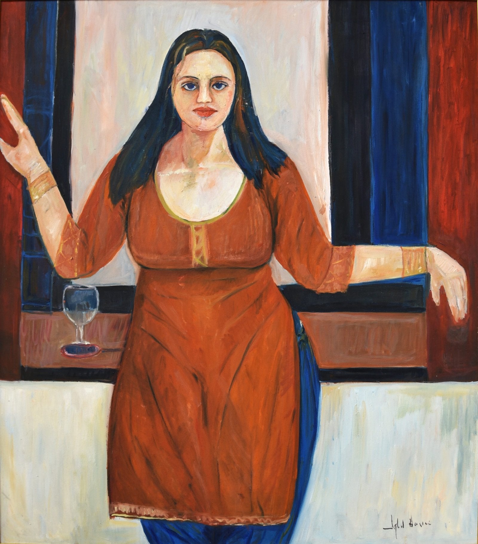 Iqbal Hussain Woman with Glass Oil Canvas 48x54 inches