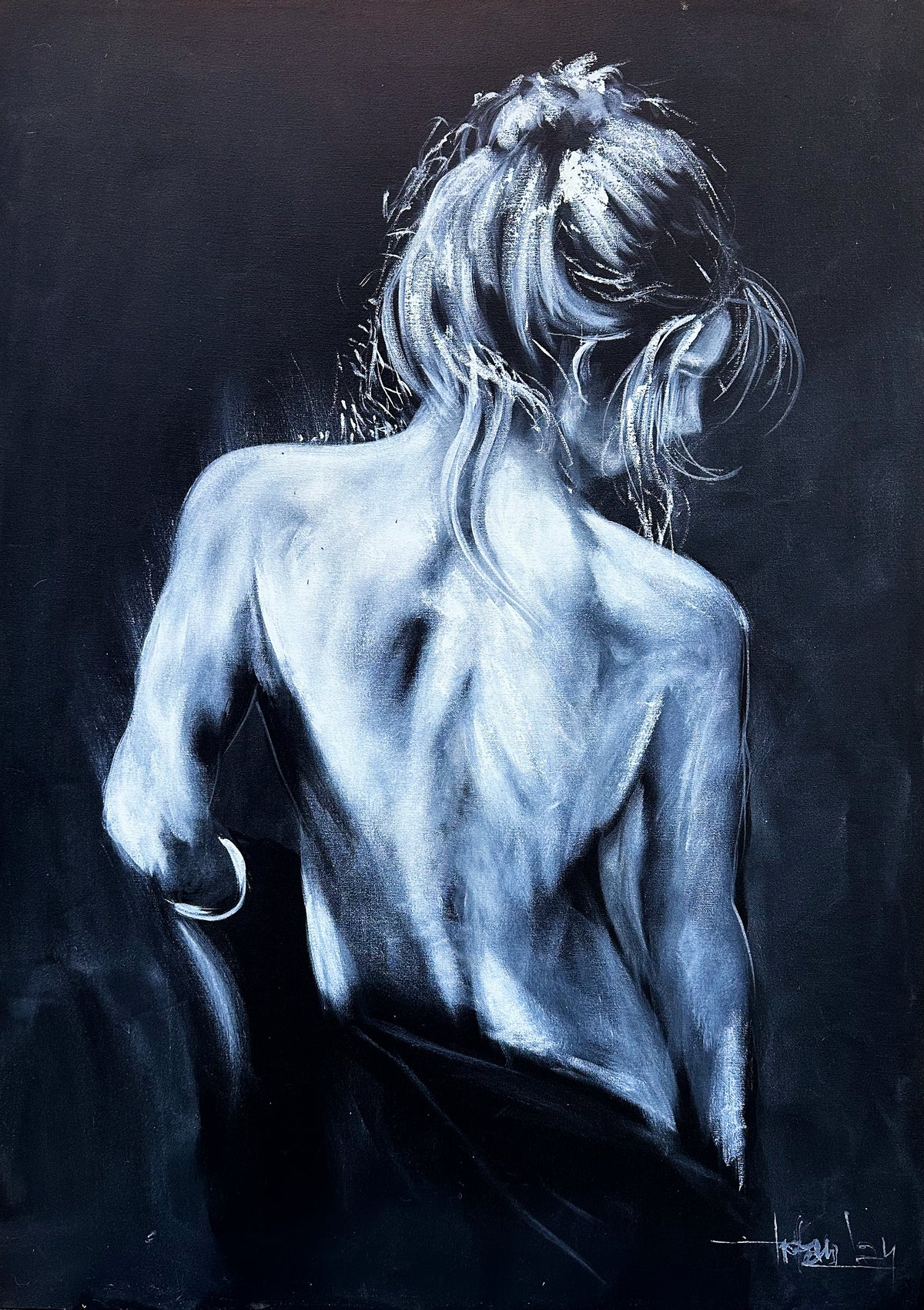 Irfan Ahmed blue white back figure study monochrome figurative oil on canvas 24x34 inches