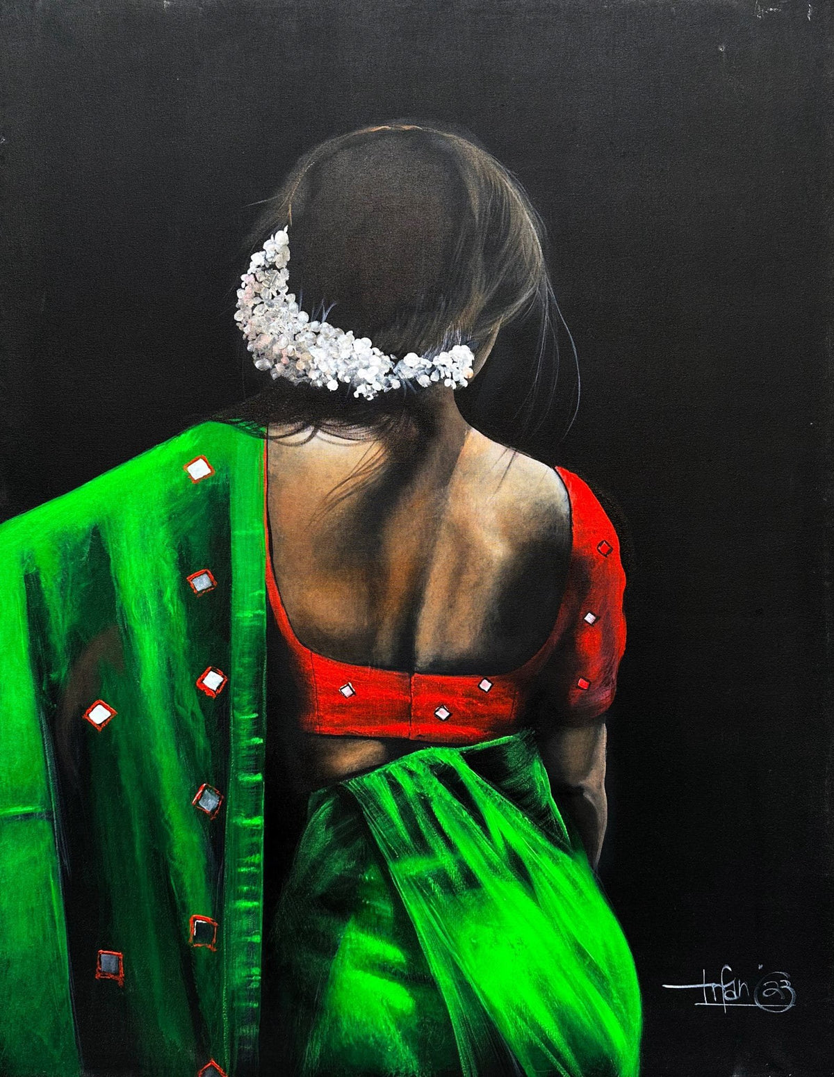 Irfan Ahmed Grace In Silence woman back green saree red blouse white gajra oil on canvas 24x36 inches