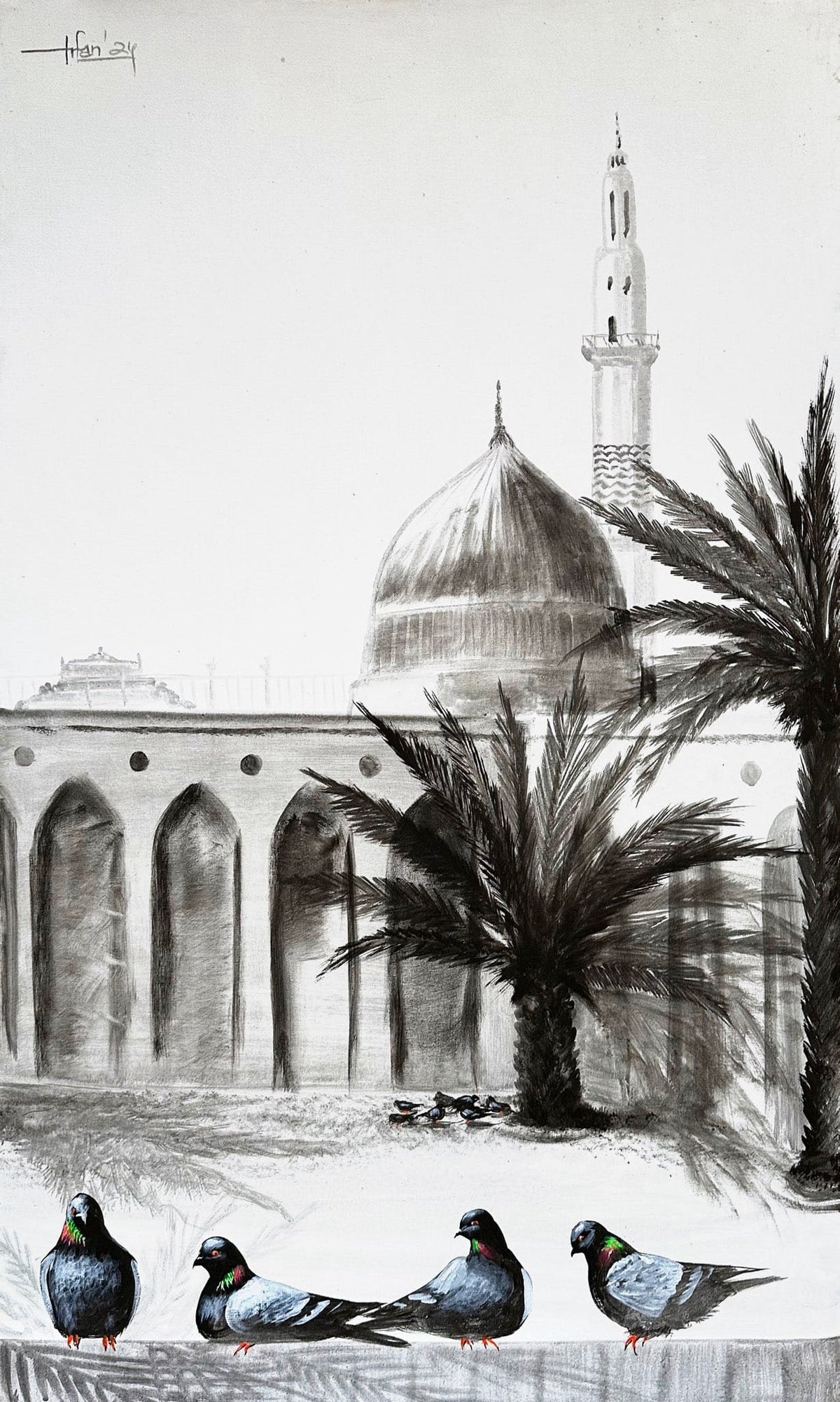 Irfan Ahmed Masjid Al Nabawi grey sketch palm trees four color pigeons Madinah oil on canvas 24x36 inches
