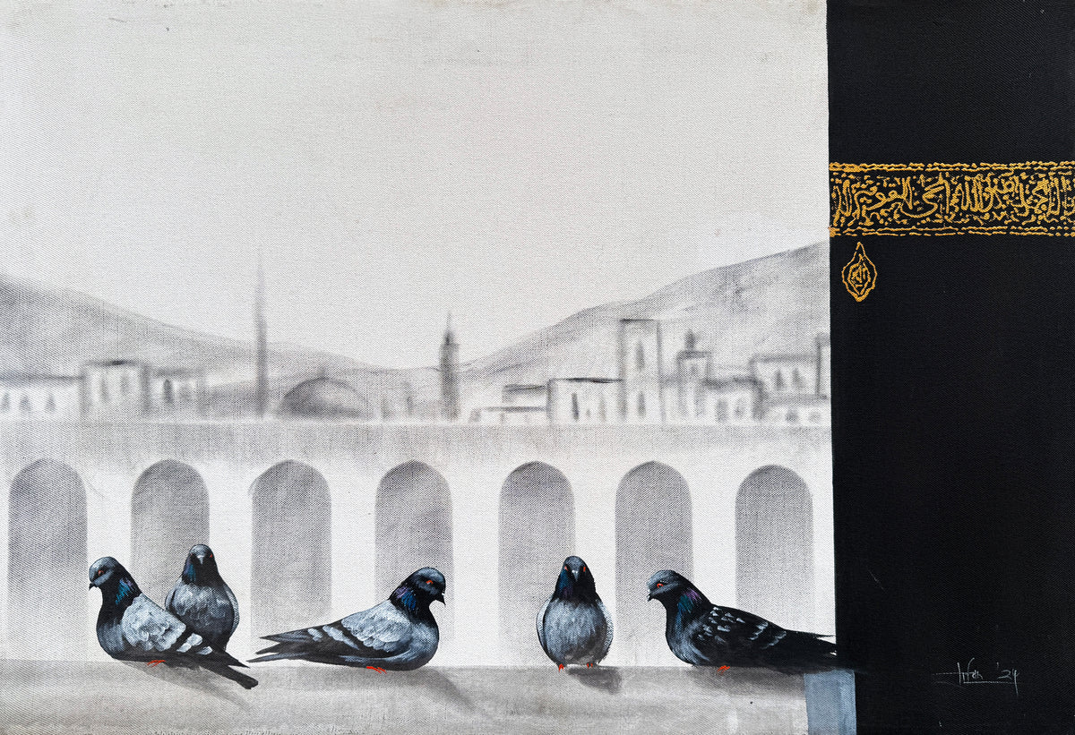 Irfan Ahmed pigeons at Kaaba Kiswah Makkah view Islamic oil on canvas 26x38 inches