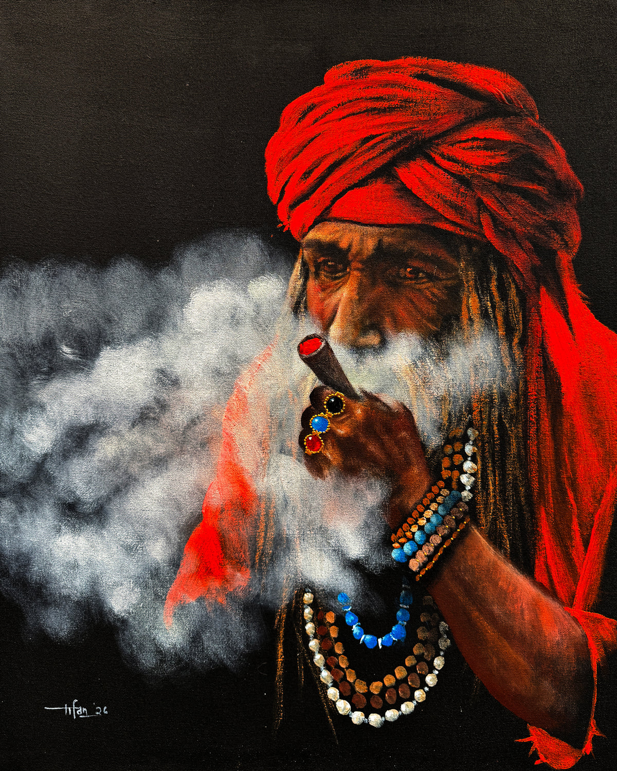 Irfan Ahmed 24x30 oil on canvas - sufi smoking chilam portrait painting