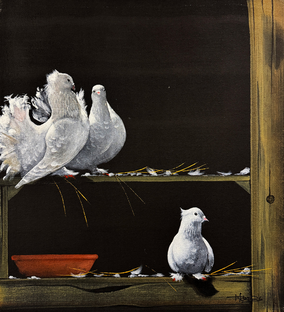 Irfan Ahmed 20x22 oil on canvas - tranquil companions three white pigeons painting
