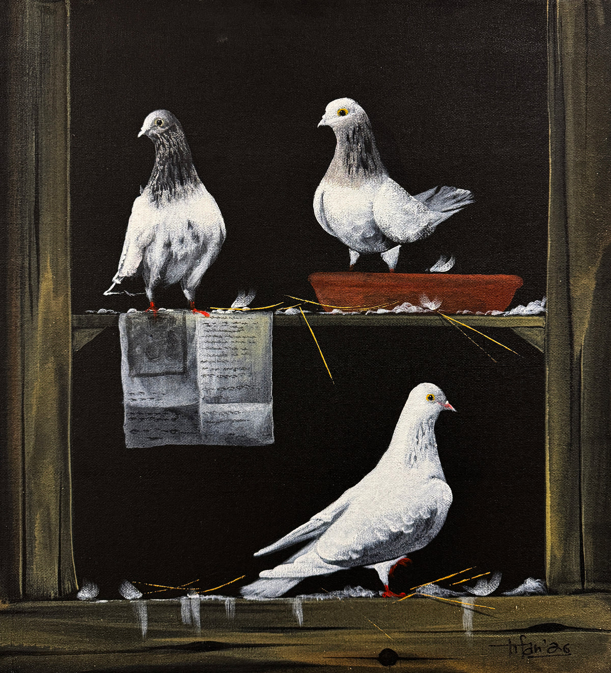 Irfan Ahmed 20x22 oil on canvas - three white pigeons tranquil trio painting