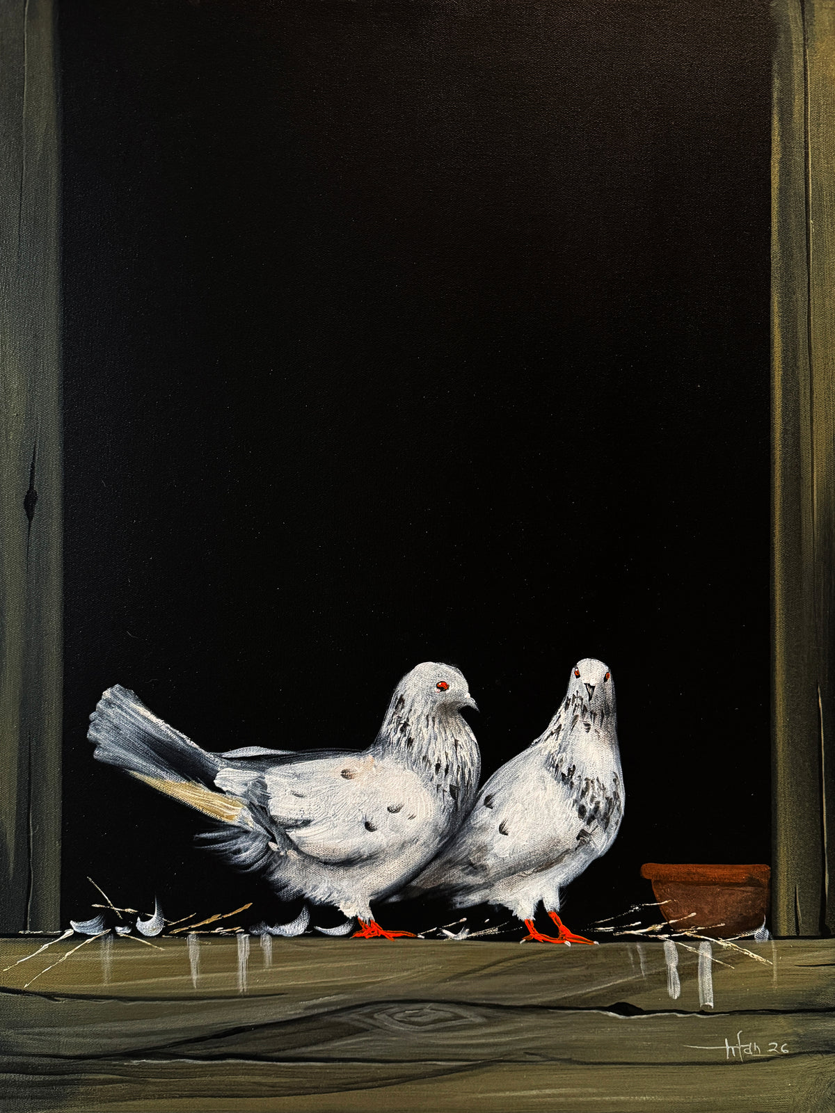 Irfan Ahmed two white pigeons cuddling pair love birds night window oil on canvas 18x24 inches