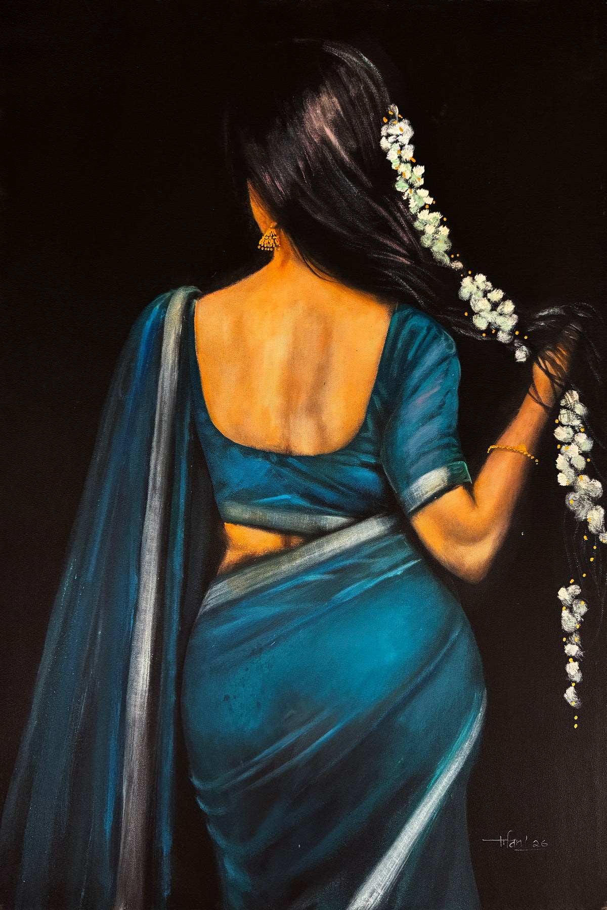 Irfan Ahmed woman in blue sari with mogra garland back view oil on canvas 24x36 inches figurative painting