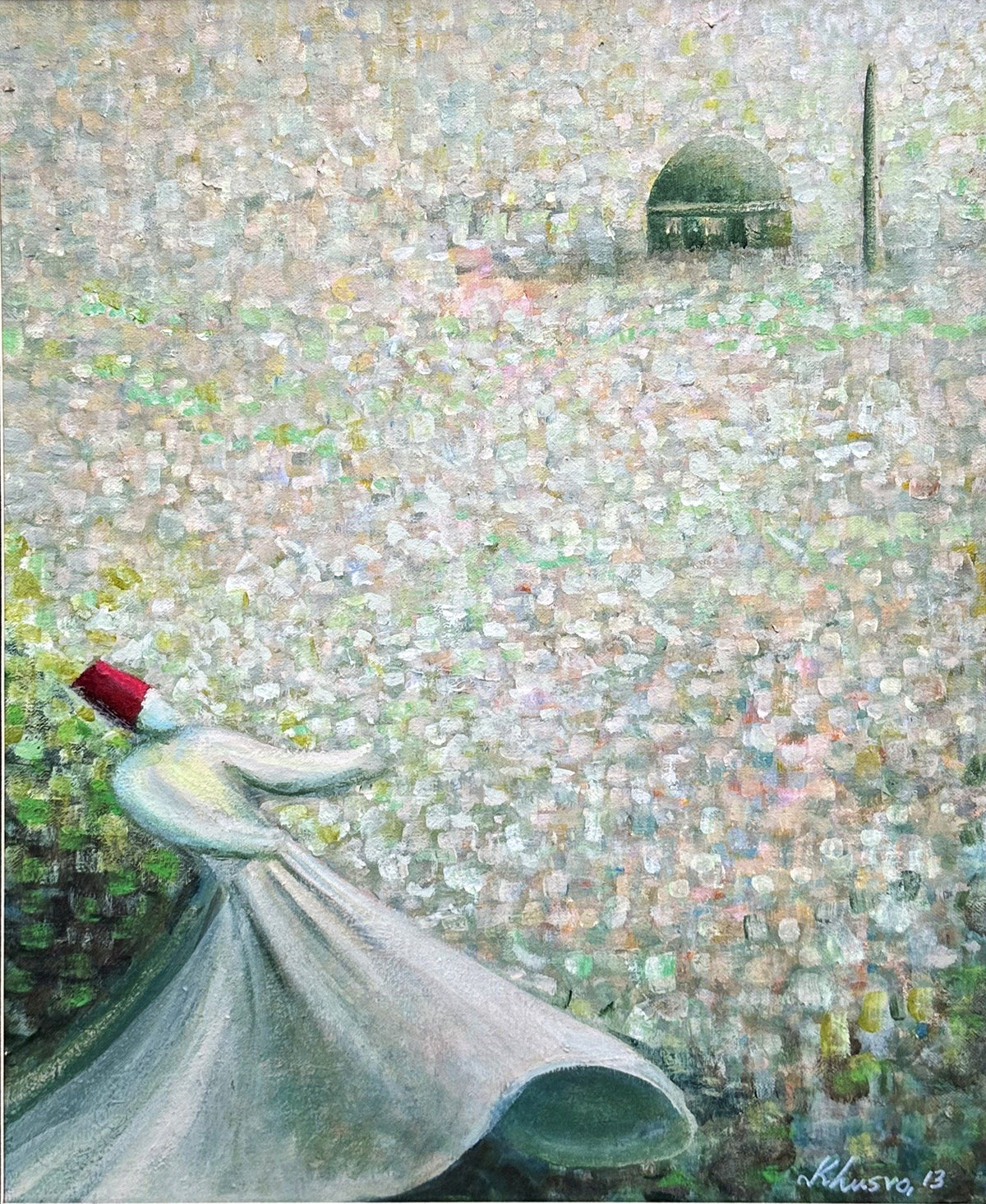 Khusro Subzwari Whirling Dervish Painting oil on canvas 16x20 inches white Sufi dervish whirling red cap textured pointillism green dome mosque painting
