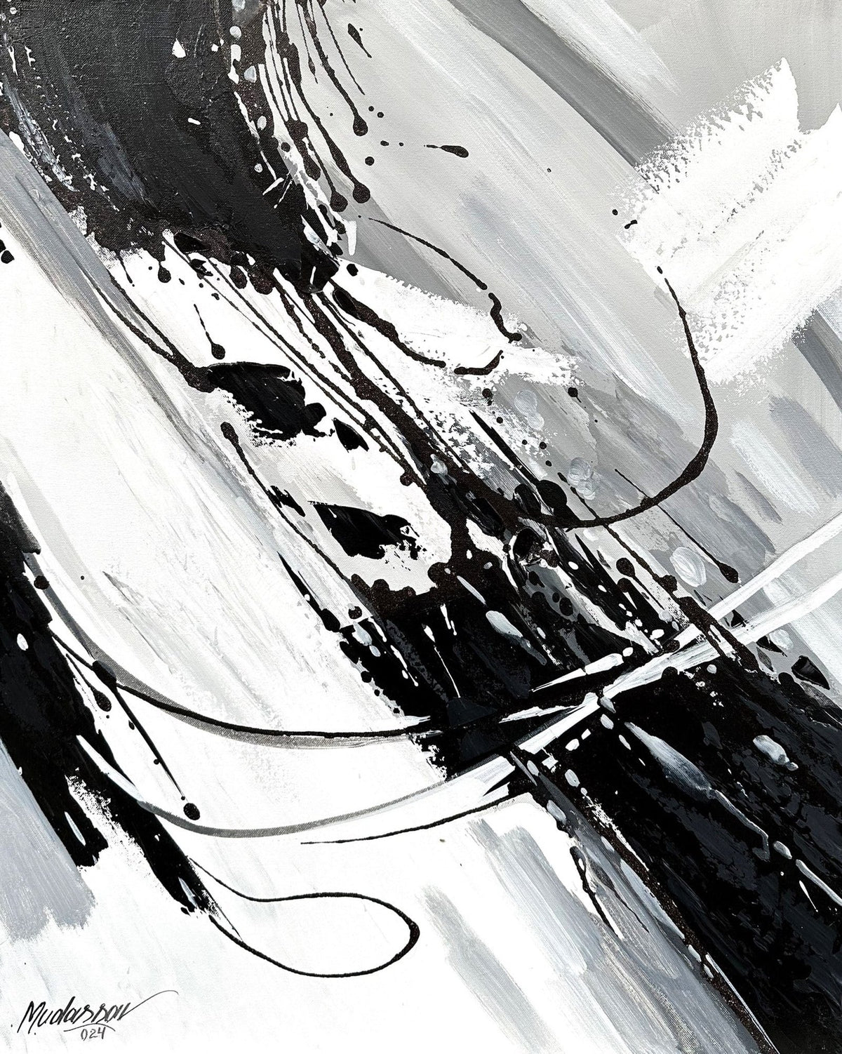 M Mudassar black white diagonal storm abstract 24x30 oil on canvas sold out