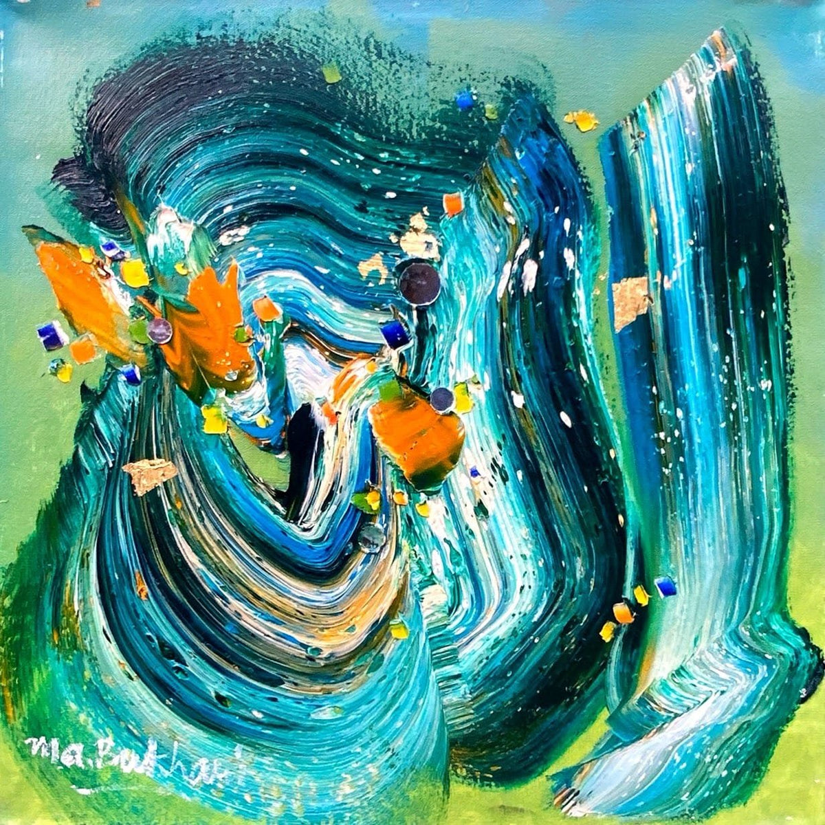 M.A. Bukhari Allah abstract azure oceanic swirl oil on canvas 16x16 inches Islamic calligraphy painting