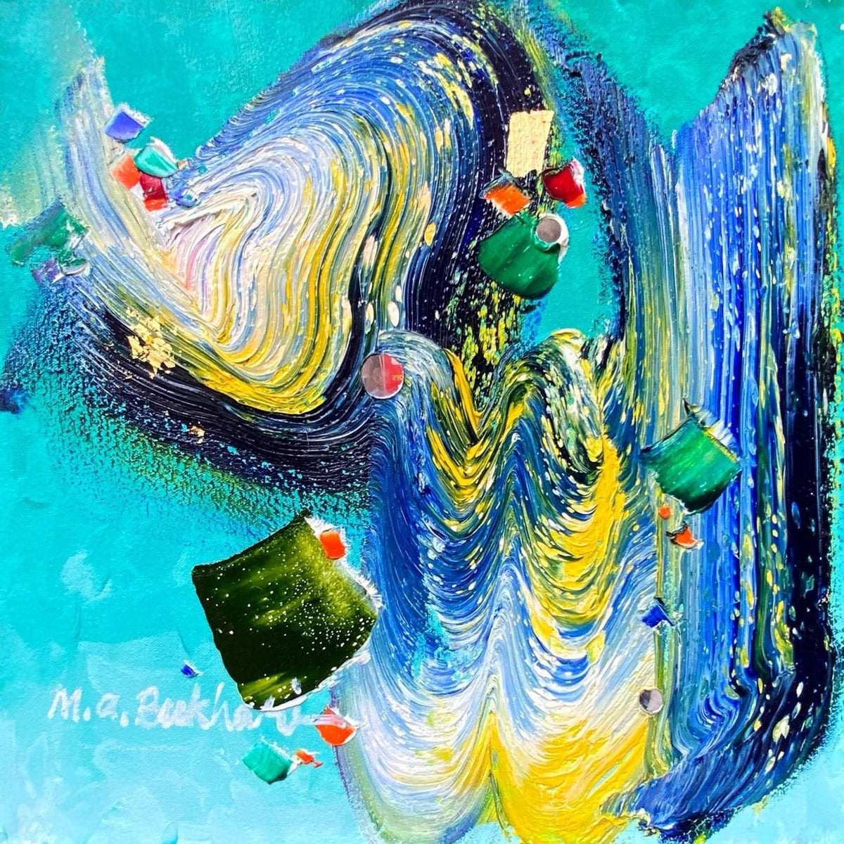 M.A. Bukhari Allah abstract turquoise golden radiance oil on canvas 16x16 inches Islamic calligraphy painting