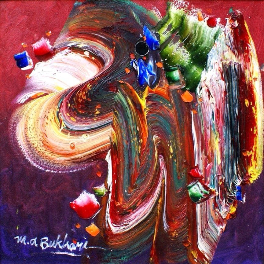 M.A. Bukhari crimson vortex swirl oil on canvas 16x16 inches abstract painting sold out