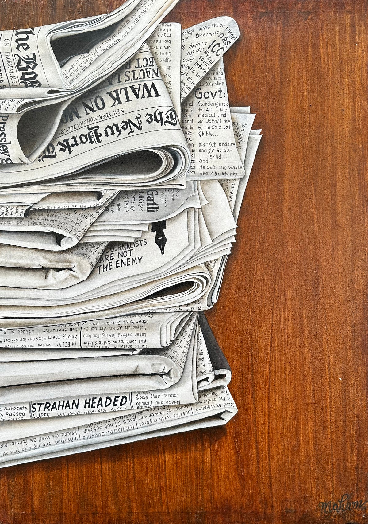 Maham Siddiqui the weight of words stack of newspapers wood table conceptual oil on canvas 18x24 inches