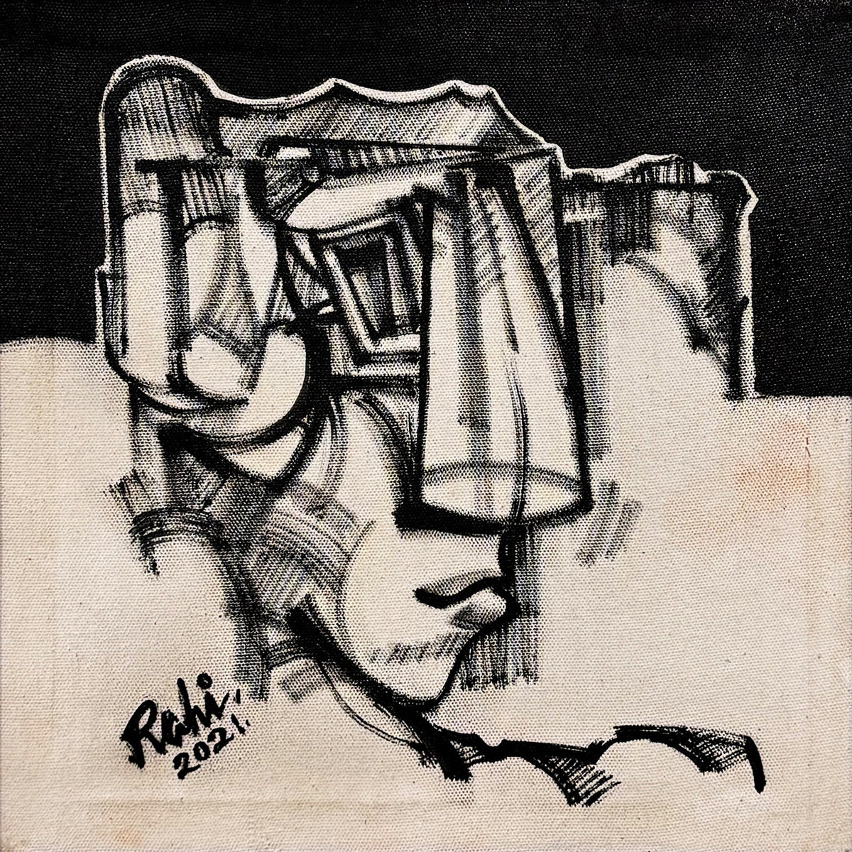 Mansoor Rahi Cubist II oil on canvas 12x12 inches Pakistani modern abstract cubist painting with black background

