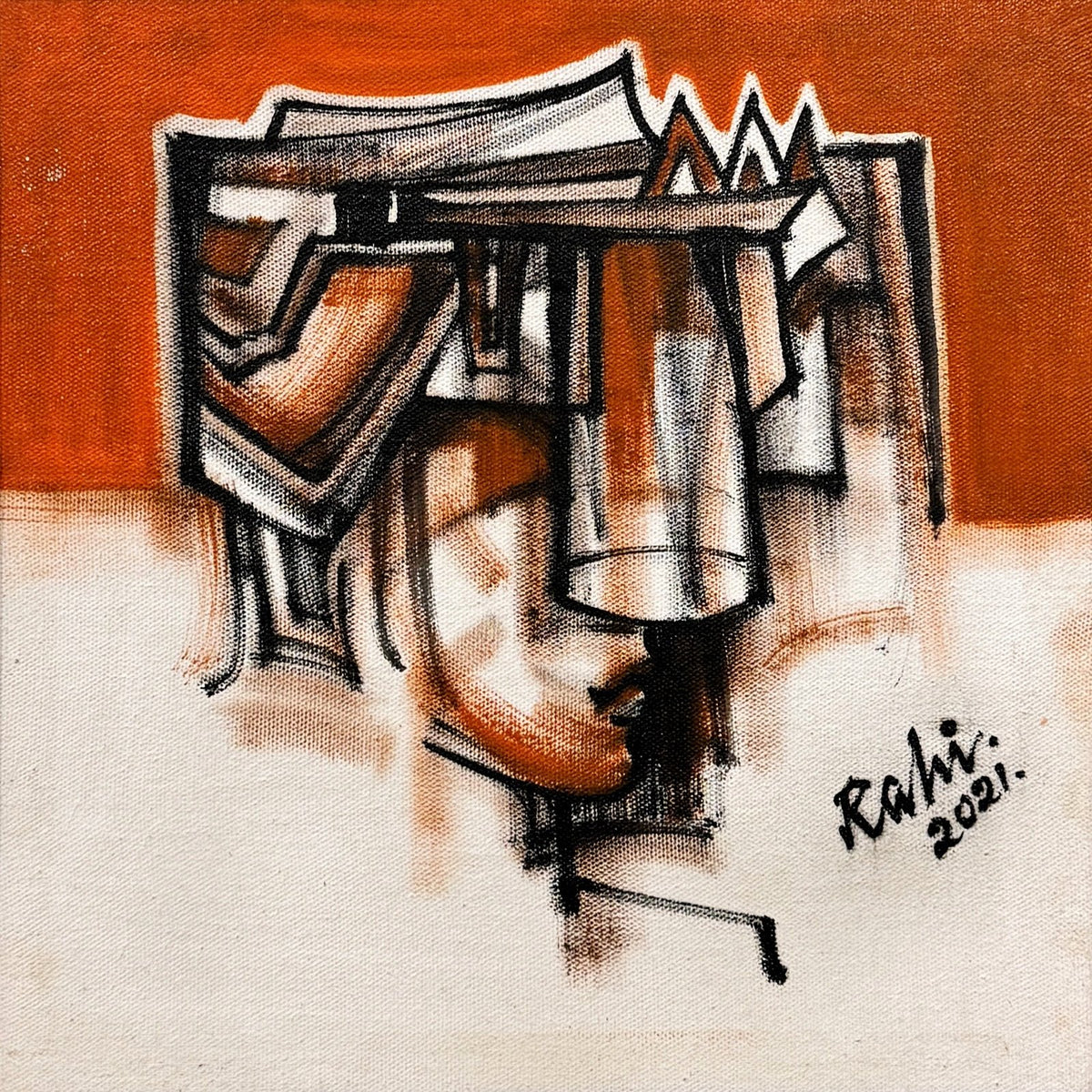 Mansoor Rahi Cubist oil on canvas 12x12 inches Pakistani modern abstract cubist portrait with orange background
