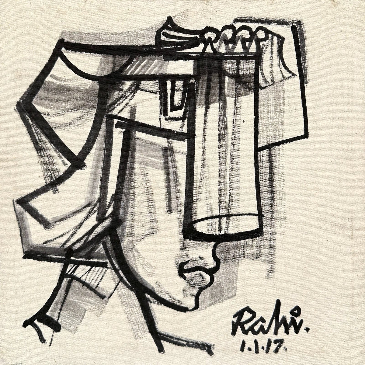 Mansoor Rahi Cubist Vision oil on canvas 12x12 inches Pakistani modern abstract cubist portrait with linear geometric forms
