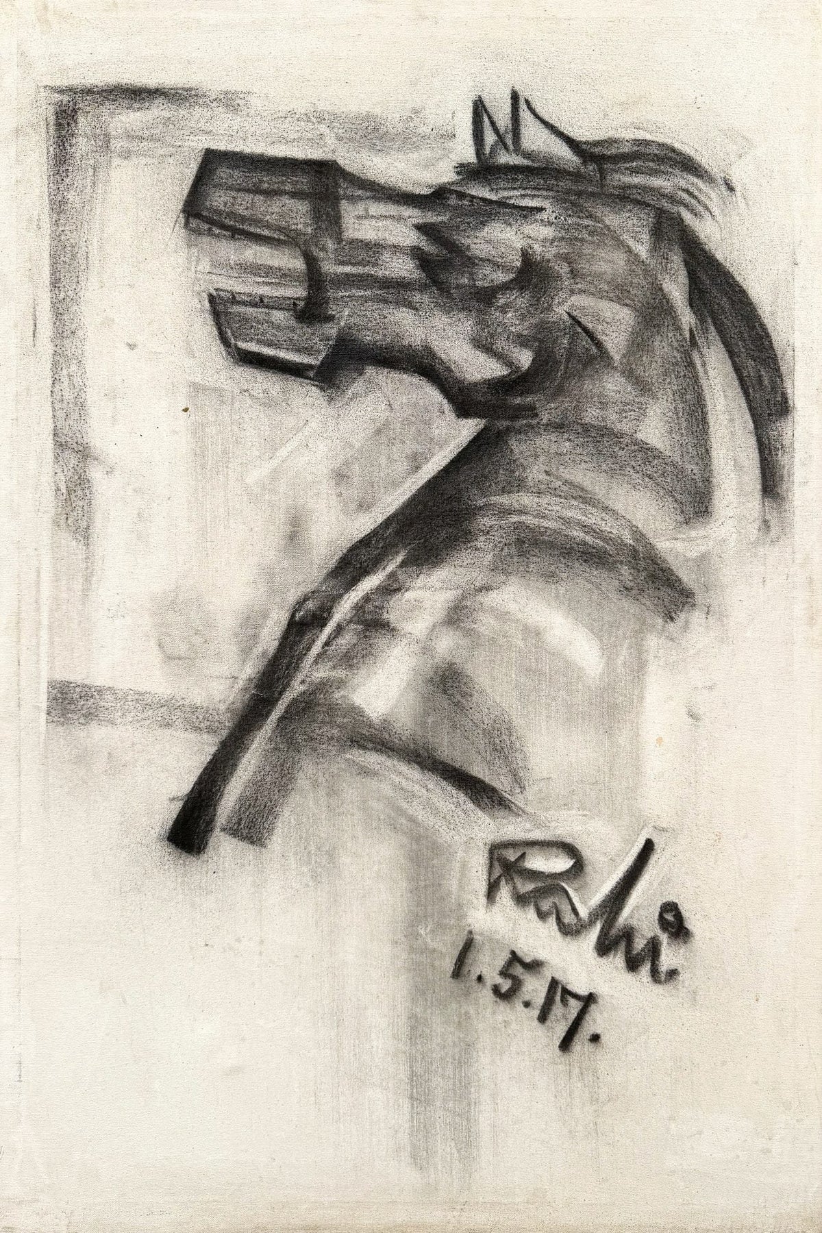 Mansoor Rahi Dynamic Form The Horse oil on canvas 24x36 inches Pakistani modern cubist horse painting in charcoal
