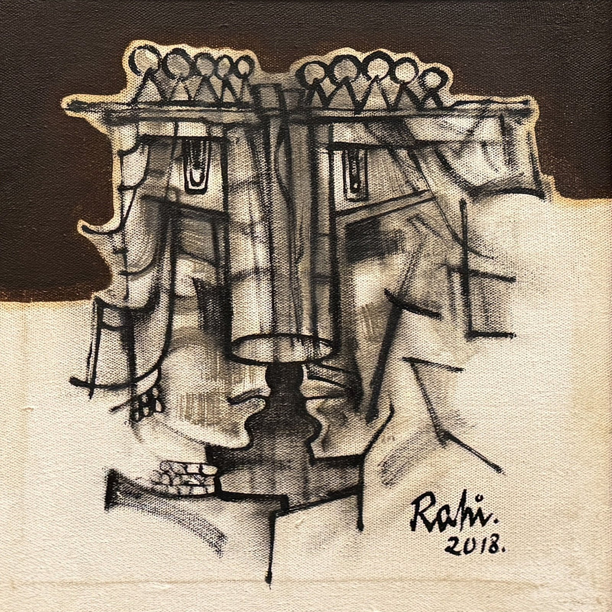 Mansoor Rahi Echoes Of Kingship oil on canvas 12x12 inches Pakistani modern abstract cubist painting of royal crowned faces
