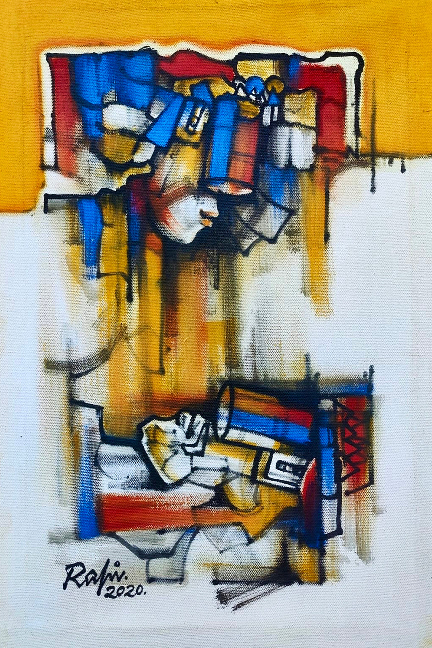 Mansoor Rahi King and Queen Series abstract oil on canvas 12x18 inches 2020 cubist blue red yellow couple available
