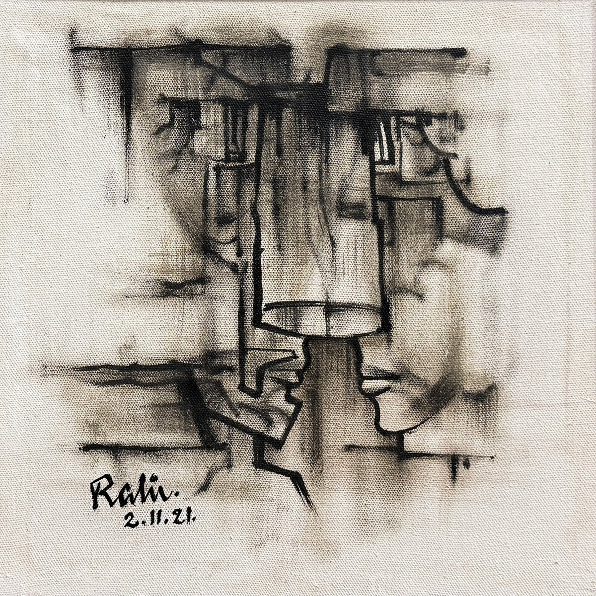 Mansoor Rahi Royal Dialogues oil on canvas 12x12 inches Pakistani modern abstract cubist painting of two faces in dialogue

