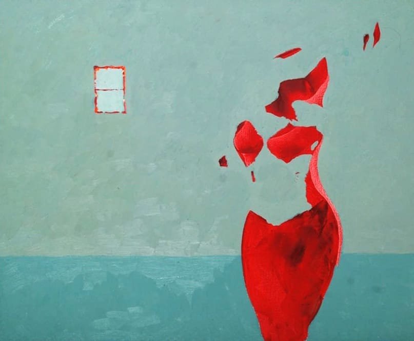 Maqbool Ahmed oil on canvas 30x36 inches single woman scarlet red fragments mint teal window abstract minimal figurative painting