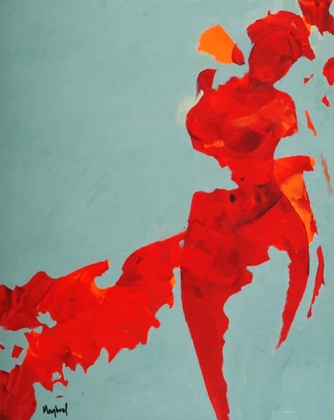 Maqbool Ahmed oil on canvas 24x30 inches single woman scarlet red orange aqua blue wind gust dance painting