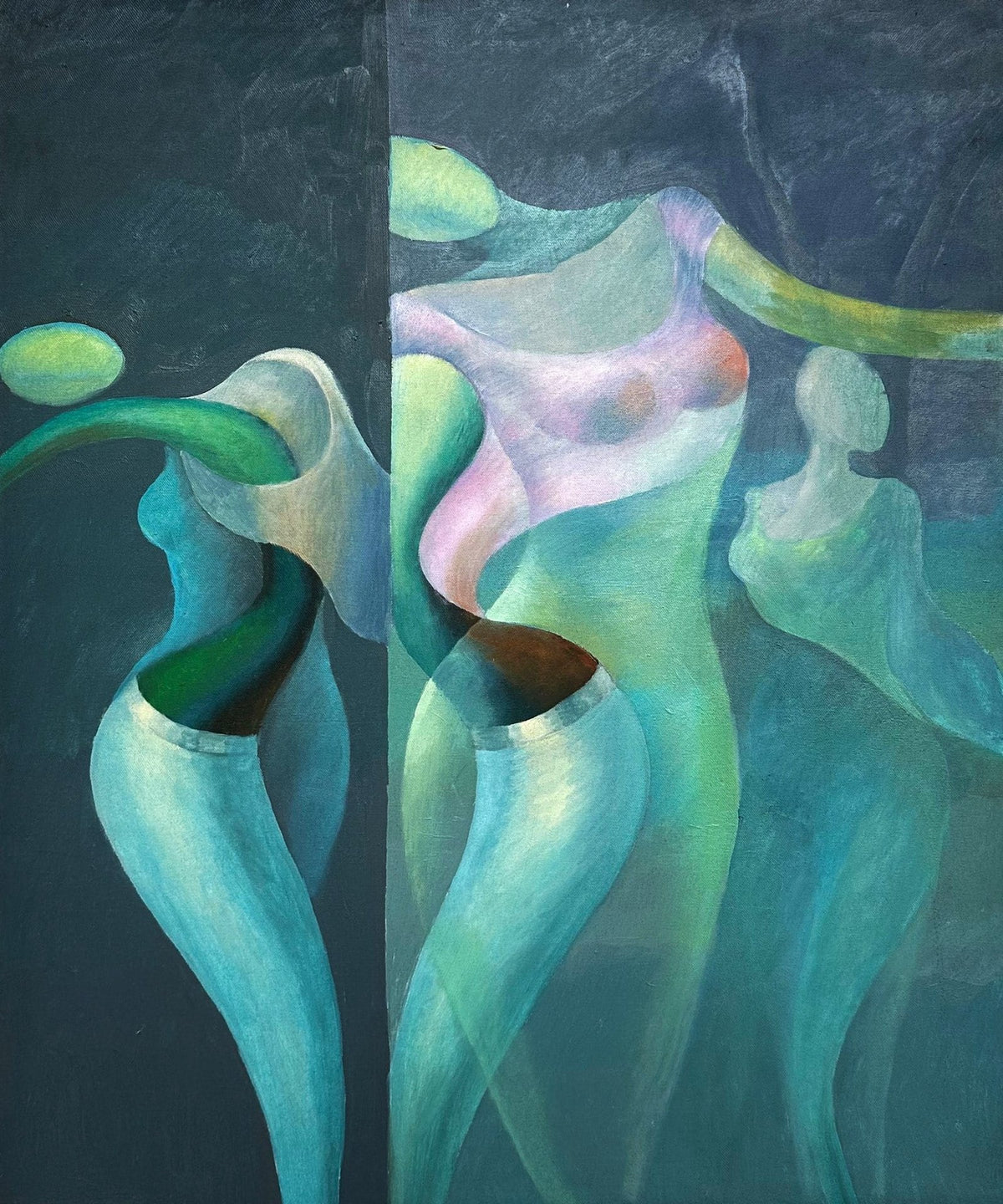 Maqbool Ahmed oil on canvas 24x30 inches three women teal aqua green blue midnight surreal dance painting