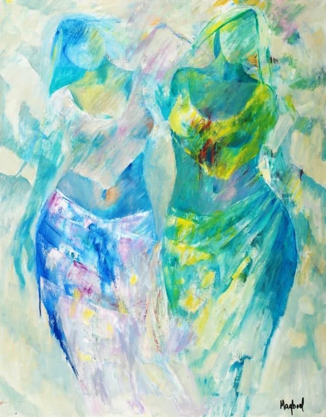 Maqbool Ahmed oil on canvas 24x30 inches two women aqua blue teal green yellow white mist ethereal dance figurative painting