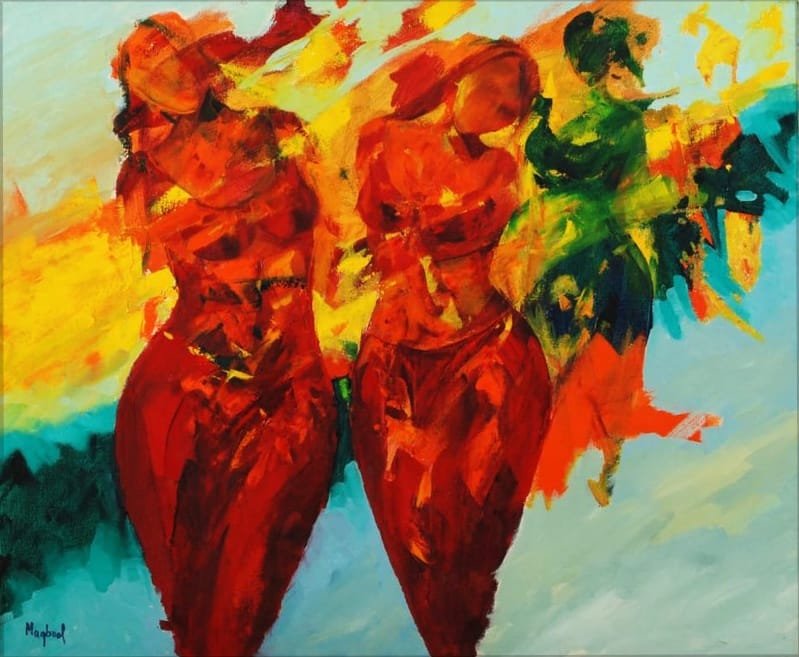 Maqbool Ahmed oil on canvas 30x36 inches two women fiery red orange yellow green blue embracing abstract figurative painting