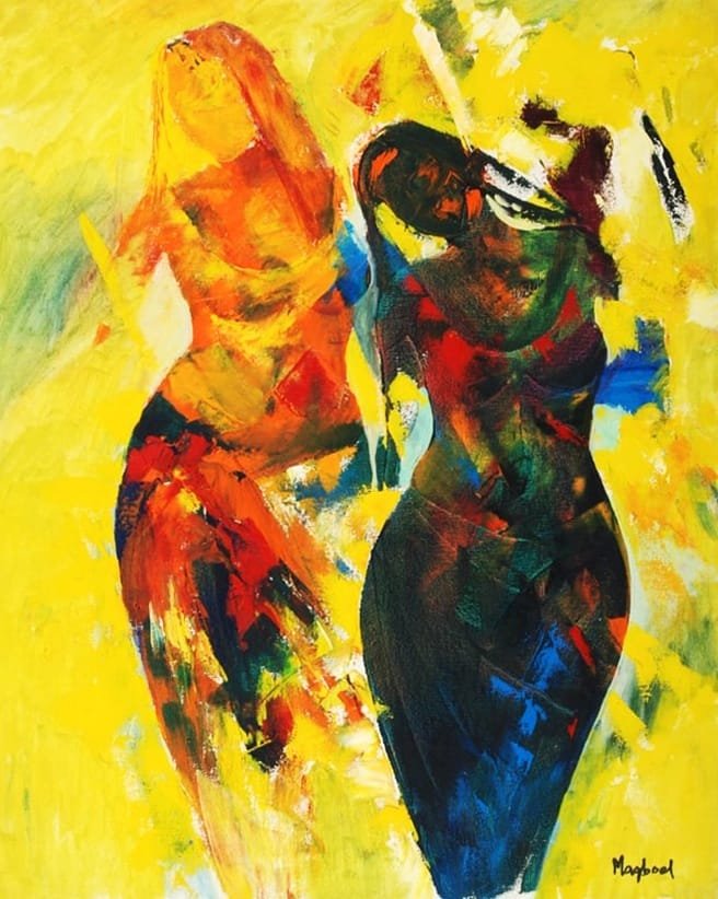 Maqbool Ahmed oil on canvas 24x30 inches two women golden yellow field red blue orange sunlit dance figurative painting
