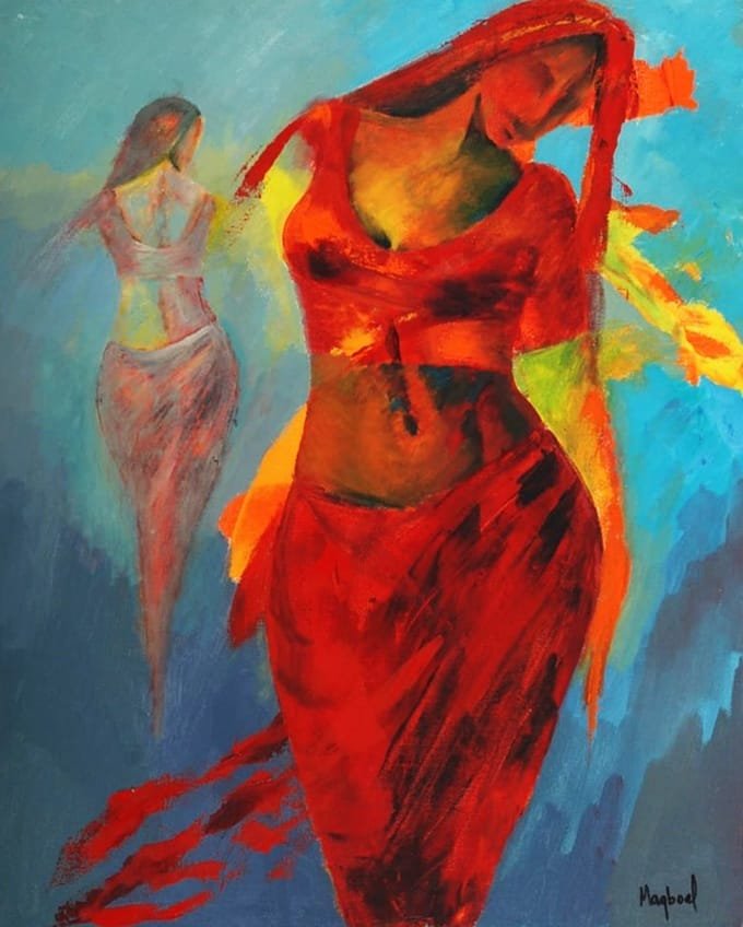 Maqbool Ahmed oil on canvas 24x30 inches two women scarlet red sari yellow blue veil intimate dance painting
