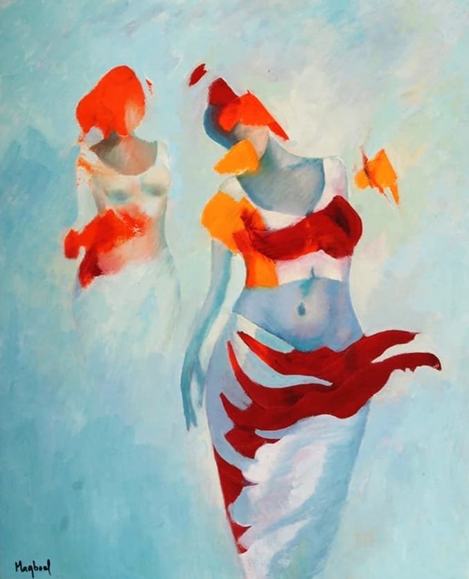 Maqbool Ahmed oil on canvas 24x30 inches two women sky blue white crimson red orange ribbon dance abstract figurative painting