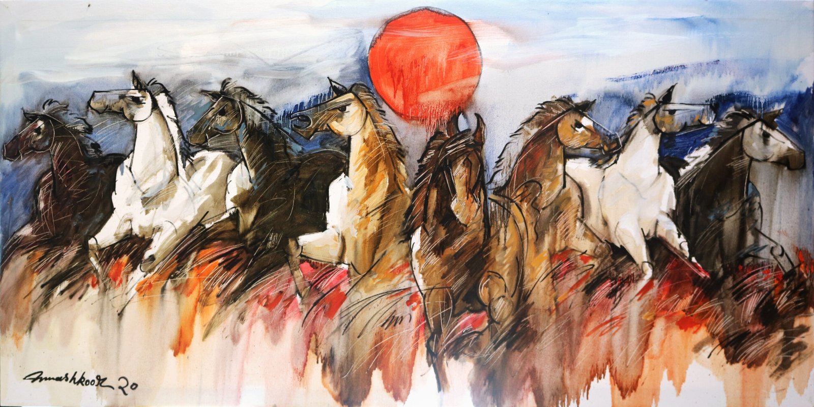 Mashkoor Raza Eight Sun Horses Oil on Canvas 36x72 inches Large Painting