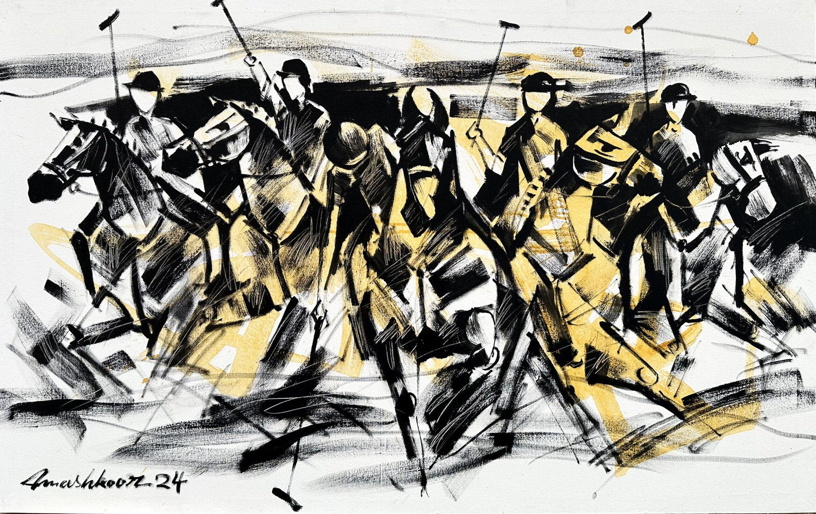Mashkoor Raza Golden Polo Charge Oil on Canvas 30x48 inches Sport Art