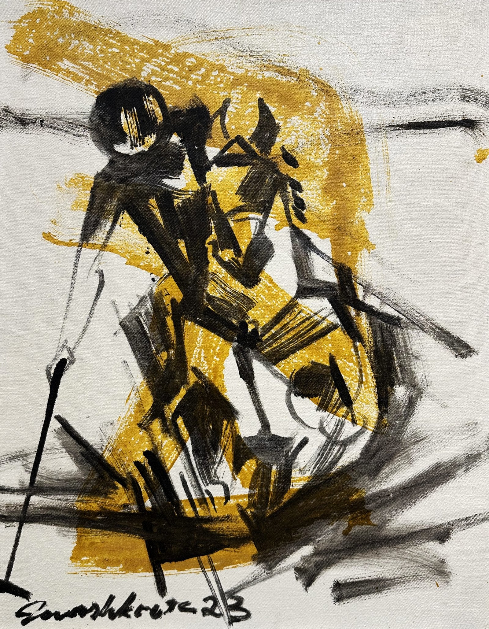 Mashkoor Raza Golden Polo Dash Oil on Canvas 14x18 inches Sport Art