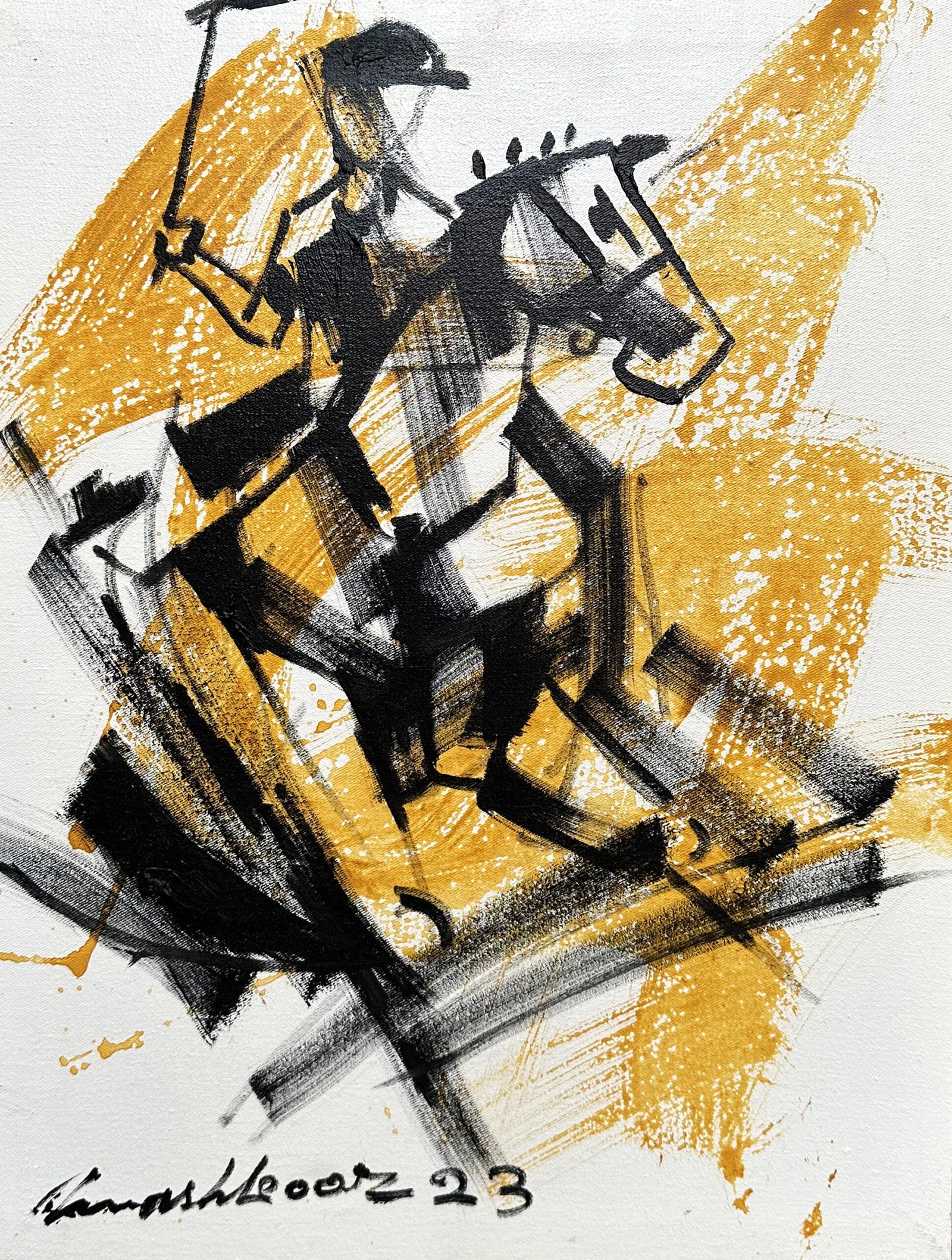 Mashkoor Raza Golden Polo Rider Oil on Canvas 14x18 inches Sport Art