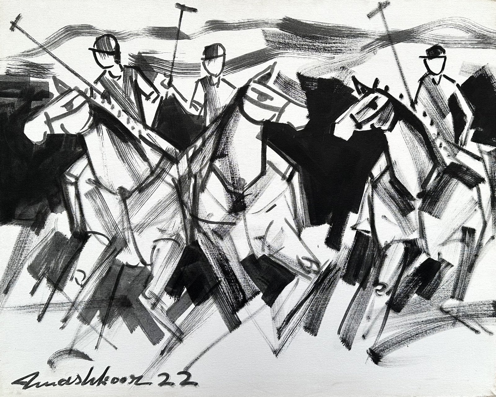 Mashkoor Raza Ink Polo Sketch Oil on Canvas 24x30 inches Black White Art