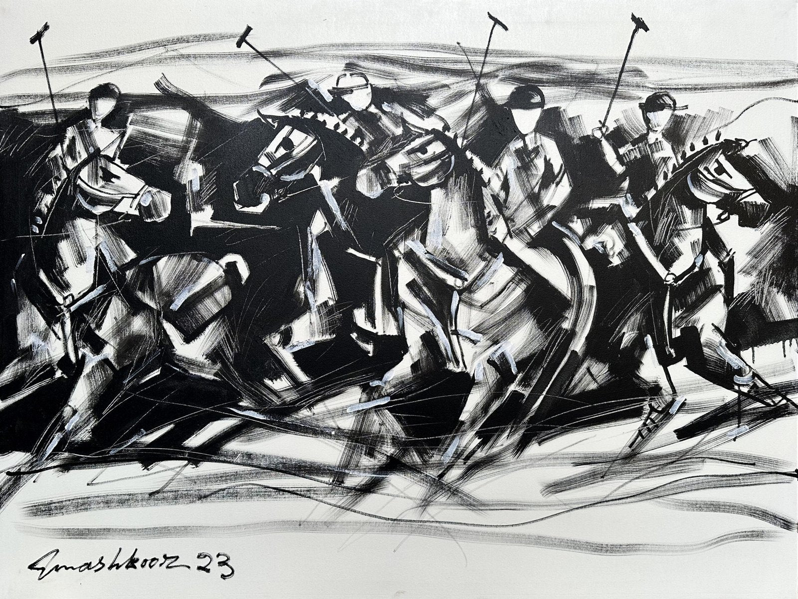 Mashkoor Raza Monochrome Polo Rush Oil on Canvas 36x48 inches Sport Art